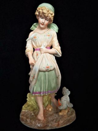 Antique Heubach Bisque Porcelain Germany Girl Feeding Chicks Large Figurine 1900
