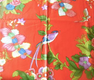Vintage French Bird Butterfly Floral Cotton Fabric Orange Blue Green