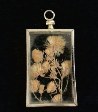 Antique Shadowbox Dray Flowers Inside Under Glass Silver Tone Charm Pendant
