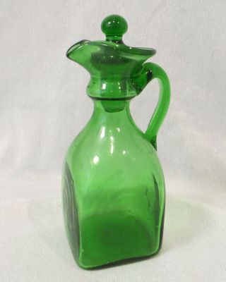 Vintage Antique Mid Century Modern Green Art Glass Cruet Hand Blown With Stopper