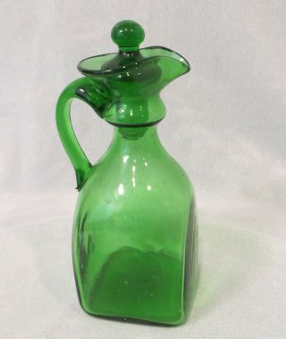 Vintage Antique Mid Century Modern GREEN Art GLASS CRUET Hand Blown with Stopper 2