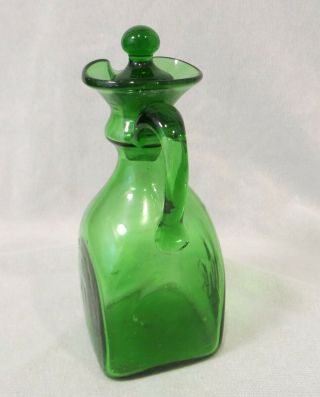 Vintage Antique Mid Century Modern GREEN Art GLASS CRUET Hand Blown with Stopper 4