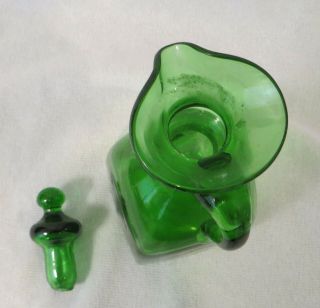 Vintage Antique Mid Century Modern GREEN Art GLASS CRUET Hand Blown with Stopper 5