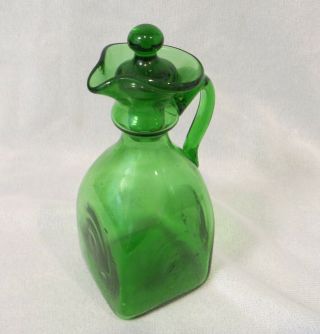 Vintage Antique Mid Century Modern GREEN Art GLASS CRUET Hand Blown with Stopper 8