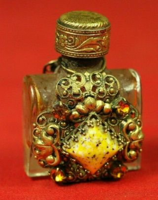 Vintage Old Czech Jewelled Filigree Mini Perfume / Scent Bottle