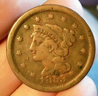 1853 Us Large One Cent Braided Hair Liberty Copper Antique Penny Old Coin Usa