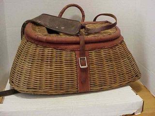 Vintage Wicker Fishing Creel Basket W/ Leather Shoulder Strap & Trim