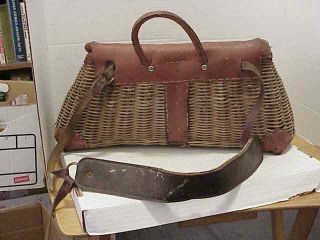 Vintage Wicker Fishing Creel Basket w/ Leather Shoulder Strap & Trim 2