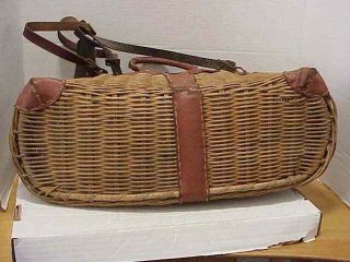 Vintage Wicker Fishing Creel Basket w/ Leather Shoulder Strap & Trim 3