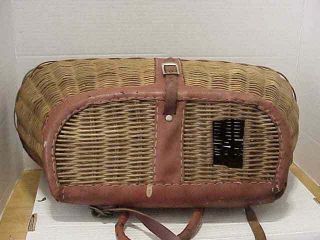 Vintage Wicker Fishing Creel Basket w/ Leather Shoulder Strap & Trim 4