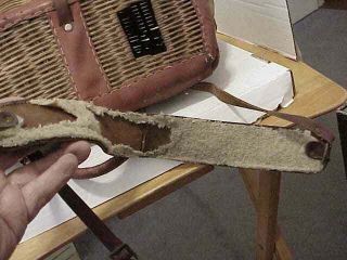 Vintage Wicker Fishing Creel Basket w/ Leather Shoulder Strap & Trim 5