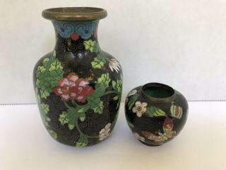 Vintage Set Of 2 Chinese Cloisonné Vases Jars Enamel Based Floral Design Black