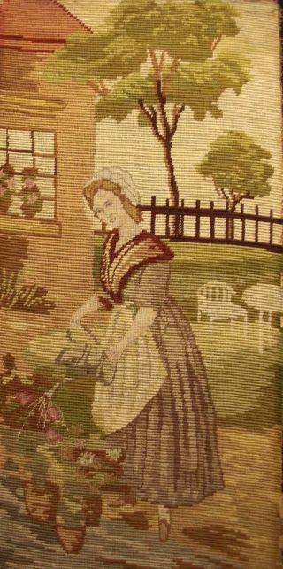 Antique Completed Needlepoint Petit Point A Lady Watering The Garden 20.  5 " X9.  7 "