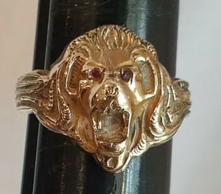 Antique Vintage Lion ' s Head Gold Filled Ring Sz 7.  75 old unique w stone eyes 8