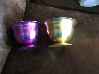 Vintage 2 Aluminum Berry Bowls By Bascal,  Vgc,  Gold,  Pink Silver Interior
