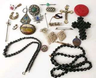 Antique & Old Vintage Jewellery Necklaces Brooches Pins Earrings Bundle Joblot