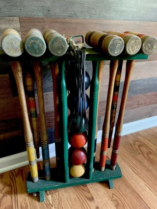 Vintage Antique Croquet Set - Wooden Carrying Caddy Colored Balls