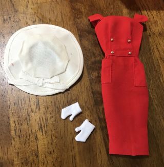 Vintage Barbie 1960’s Tagged Red Sheath,  White Gloves,  & Hat.