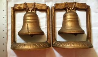 Vintage Cast Iron Liberty Bell Bookends - 7 Inches Tall - Antique Gold Color