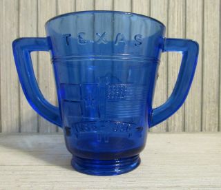 1836 1936 Texas Alamo Centennial Cobalt Blue Glass Double Handle Mug Cup Sugar