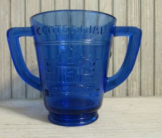 1836 1936 Texas Alamo Centennial Cobalt Blue Glass Double Handle Mug Cup Sugar 2