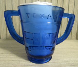 1836 1936 Texas Alamo Centennial Cobalt Blue Glass Double Handle Mug Cup Sugar 3