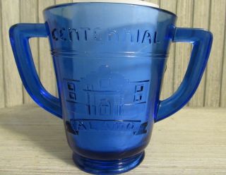 1836 1936 Texas Alamo Centennial Cobalt Blue Glass Double Handle Mug Cup Sugar 4