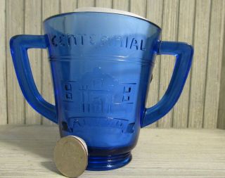 1836 1936 Texas Alamo Centennial Cobalt Blue Glass Double Handle Mug Cup Sugar 5