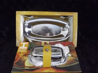 Vintage Irvinware Bread Tray And Butter Dish With Glass Insert Chrome