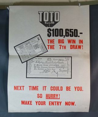 1970 Vintage Singapore Lottery Toto 6x49 Advertising Poster Big Prize 100,  605$