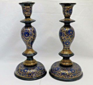 Vintage Pair Wooden Blue & Gold Lacquered Painted Candlesticks 9 " Tall