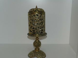 Vintage Mcm Ornate Brass Covered Candle Holder Pedestal Pillar Pierced