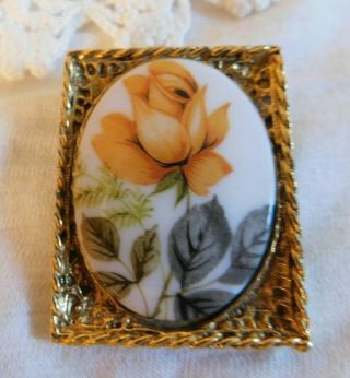Vintage Yellow Porcelain Rose In Antique Gold Frame 1 3/4 " Pin Brooch Pendant