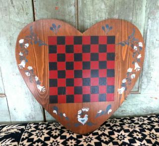 Primitive Heart Checkers Game Board Folk Art Hand Painted Wood Wooden Gameboard