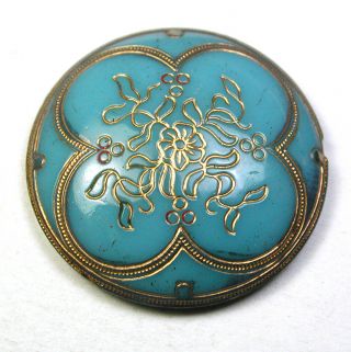 Antique Victorian Glass Button Turquoise W/ Gold Luster 7/8 " 1890s