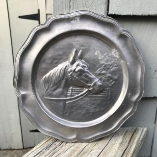 8 " Vintage Pewter Plate With Horse Head Barn Fence Portrait Repousse