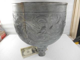 Large Antique Chinese Chased Dragon Silverplate On Brass Urn Vase /2 Wall Pocket