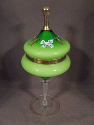 Victorian Green & White Hand Painted Satin Glass Covered Compote Candy Dish