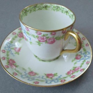 Antique Limoges Porcelain Demitasse Cup,  Saucer Pink Roses & Blue Bows Pouyat