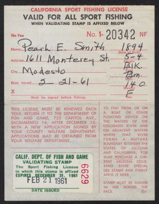 California " No Fee " Sport Fishing License For Elderly W/ 1961 Validating Stamp