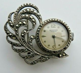 Antique Bucherer 17 Jewel Pendant Watch Silver Marcasite Pin/brooch Pin