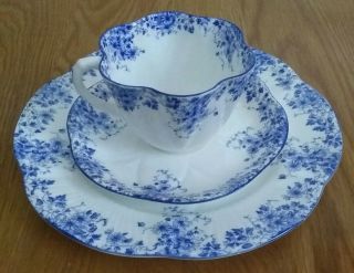 Antique Signed Shelley Cup Saucer And Luncheon Plate Trio Dainty Blue Ships