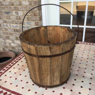 Primitive Wooden Bucket With Bail Handle Pale Planter Well Old Vintage Style