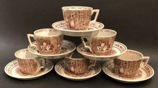 6 Antique Victorian C1890 Whittaker & Co W&co Hanley Nursery Rhyme Cup & Saucers