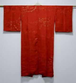 Japanese Kimono Silk Antique Juban / Crane / Red & Gold / Silk Kinsha Fabric/153