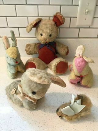 5 Vintage Stuffed Animal Toys 4 Rabbits 1 Baby Chick 1940 