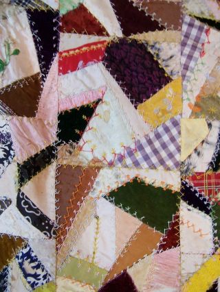 Antique Crazy Quilt Hand Stitched & Embroidered One Of A Kind 68 " X 74 "