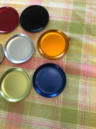 8 Vtg 1960 ' s - 70 ' s Multi Colored 3 1/2 inches Round Aluminum Drink Coasters 3