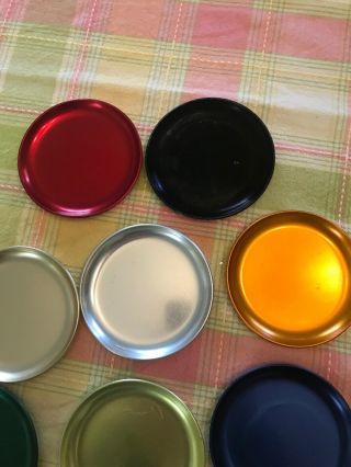 8 Vtg 1960 ' s - 70 ' s Multi Colored 3 1/2 inches Round Aluminum Drink Coasters 4