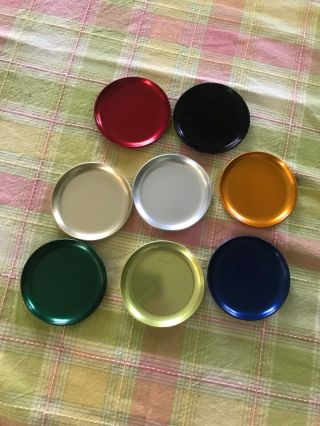 8 Vtg 1960 ' s - 70 ' s Multi Colored 3 1/2 inches Round Aluminum Drink Coasters 5